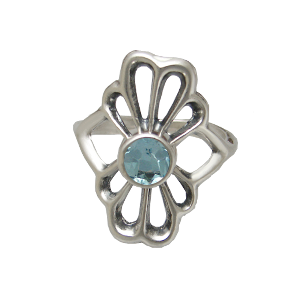 Sterling Silver Flower Ring With Faceted Blue Topaz Size 9